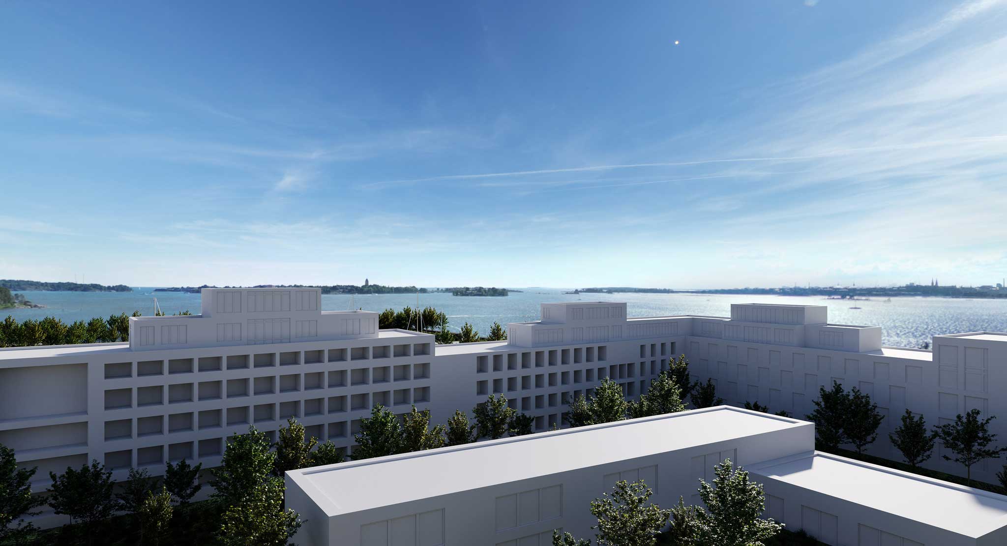 Kruunuvuorenrannan kolmiot merinäköalalla.