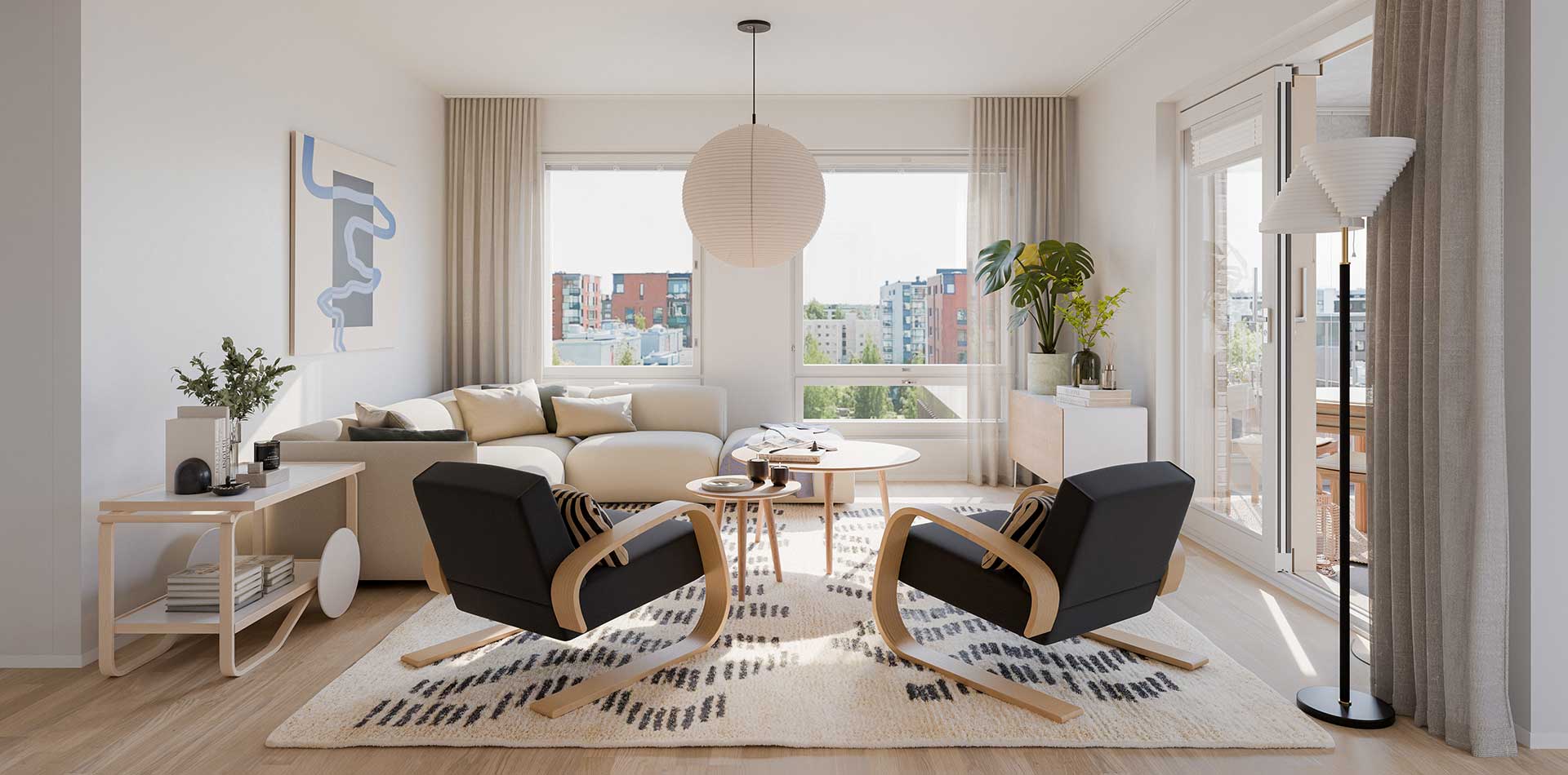Helsingin Isla -asunnon sisätilojen visualisointi, virtuaalikierroksen aloituskuva.
