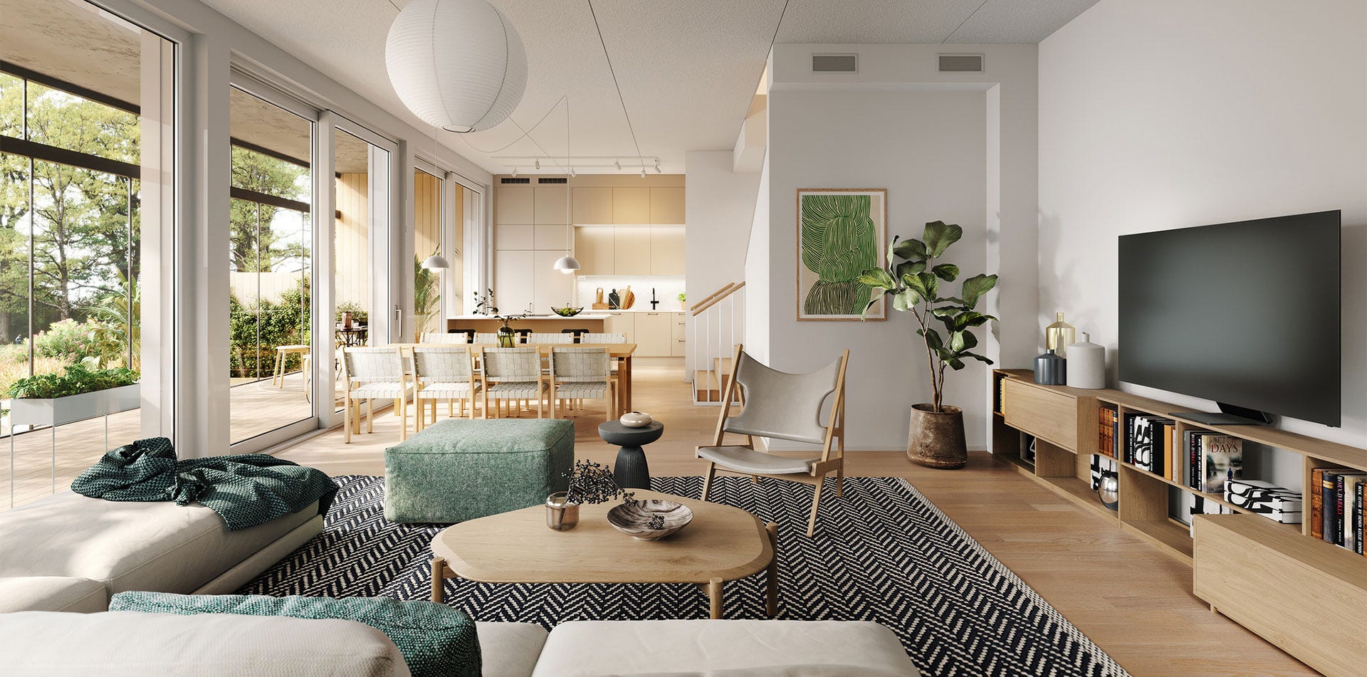 Visualisointikuva: Moderni ja avara oleskelutila, jossa yhdistyvät keittiö, ruokailutila ja olohuone. Suuret ikkunat ja liukuovet avautuvat terassille ja vehreälle pihalle. Keittiössä vaaleat kaapistot ja ruokailuryhmä.