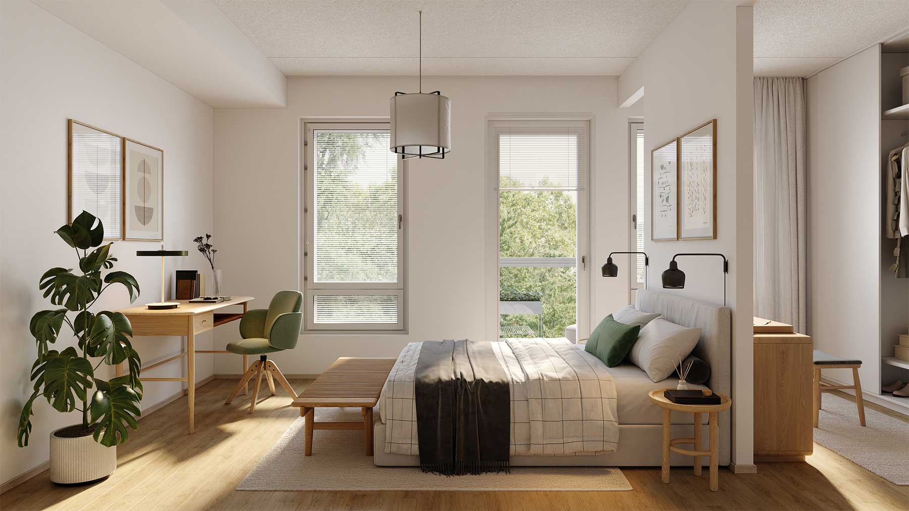 Tampereen Tuike Valoisa ja moderni makuuhuone, jossa on suuri ikkuna vehreälle pihalle. Huoneessa on työpiste, vihreä työtuoli ja minimalistinen puinen kirjoituspöytä. Vuoteessa on valkoinen päiväpeitto ja vihreitä sekä mustia koristetyynyjä. Seinillä on kehystettyjä taideteoksia ja huonekasvi tuo lisää luonnonläheistä tunnelmaa.