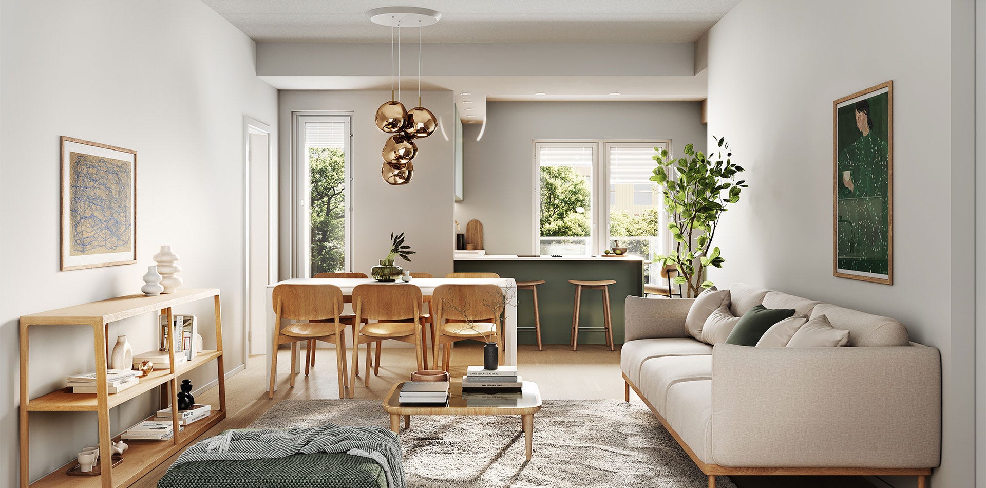 Valoisa olohuone ja ruokailutila, joissa on vaalea sisustus, puunsävyisiä kalusteita ja näkymä pihalle suurista ikkunoista.