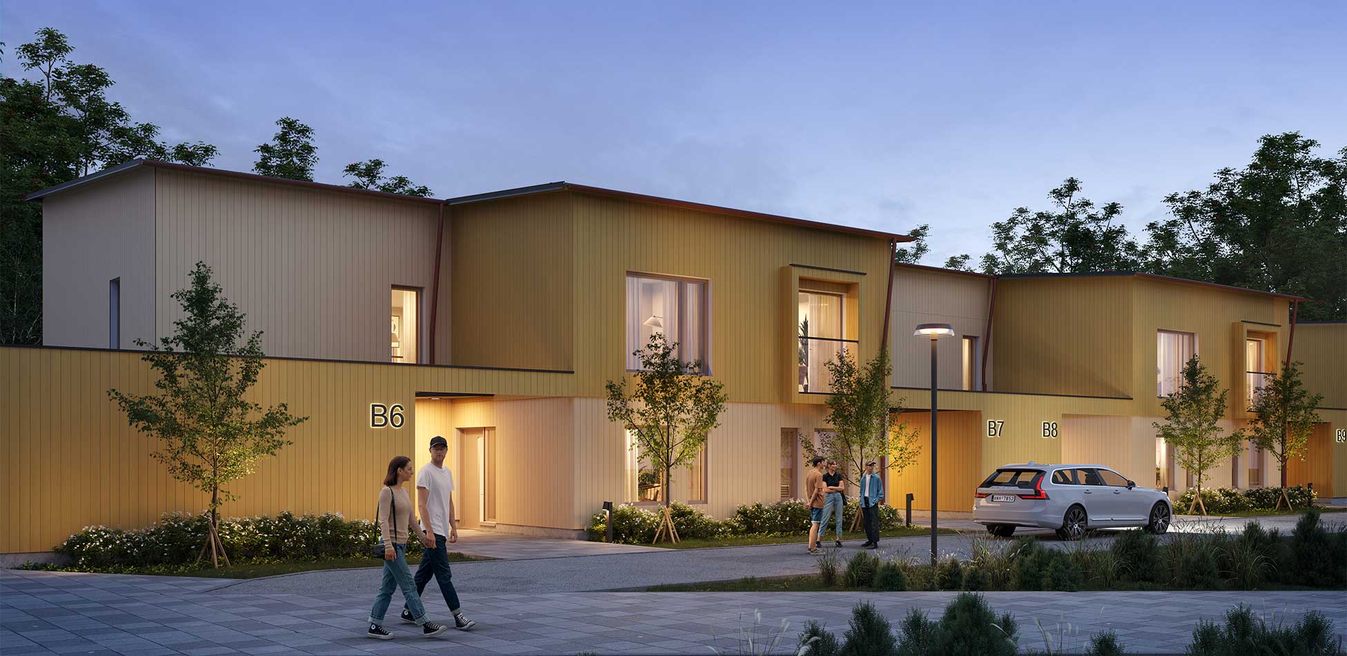 Visualisointikuva: Kaksikerroksinen puuverhoiltu rivitalo Tapiolassa. Keltainen julkisivu, suuret ikkunat ja valaistut sisäänkäynnit. Piha-alueella on istutuksia ja kävelytie.