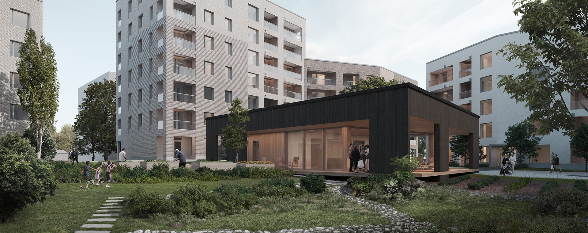 Visualisointikuva Postipuiston korttelipaviljongista. Moderni, tumma puurakenteinen paviljonki sijaitsee kerrostalojen sisäpihalla vehreän puutarhan keskellä. Paviljongin lasiseinien takana näkyy ihmisiä keskustelemassa ja nauttimassa yhteisestä tilasta.