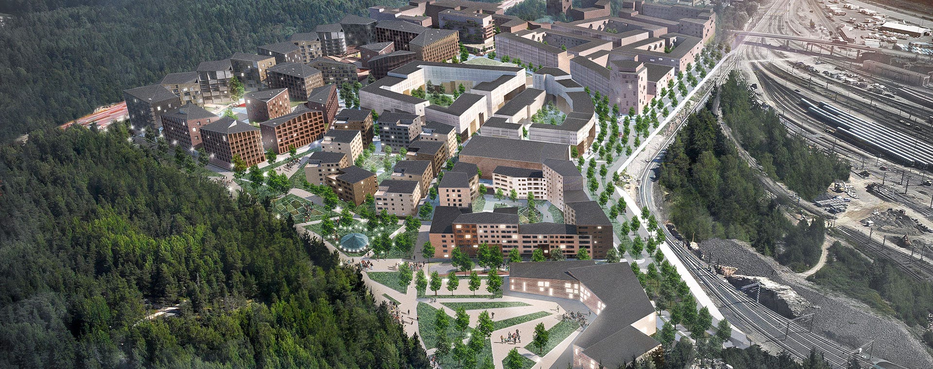 Visualisointikuva Pasilan Postipuistosta. Vehreä, moderni kortteli, jossa lukuisia kerrostaloja, pihoja ja kävelyalueita. Taustalla kohoaa metsää ja kulkee junarata.