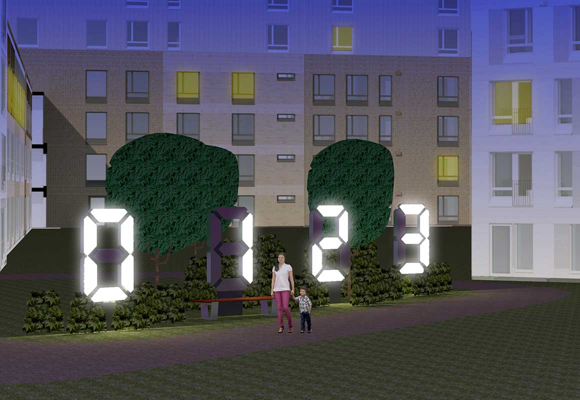 Havainnekuva Hidasta aikaa -valoteoksesta Renatan sisäpihalla Kruunuvuorenrannassa – neljä valaistua numeroa osana pihaympäristöä.