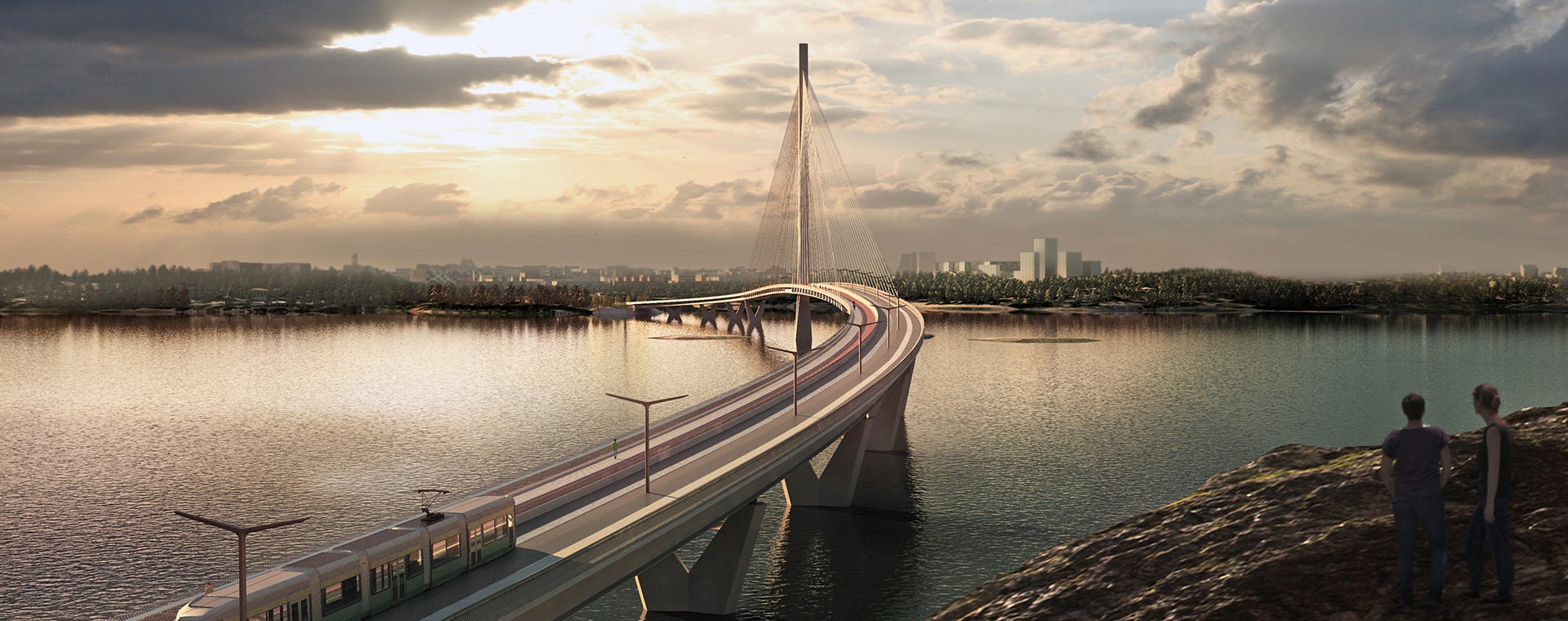 Kruunuvuorensilta ilta-auringossa. Sillan kaareva muoto ja riippurakenteet heijastuvat veden pinnalle, taustalla näkyy metsää ja kaupunkinäkymää.