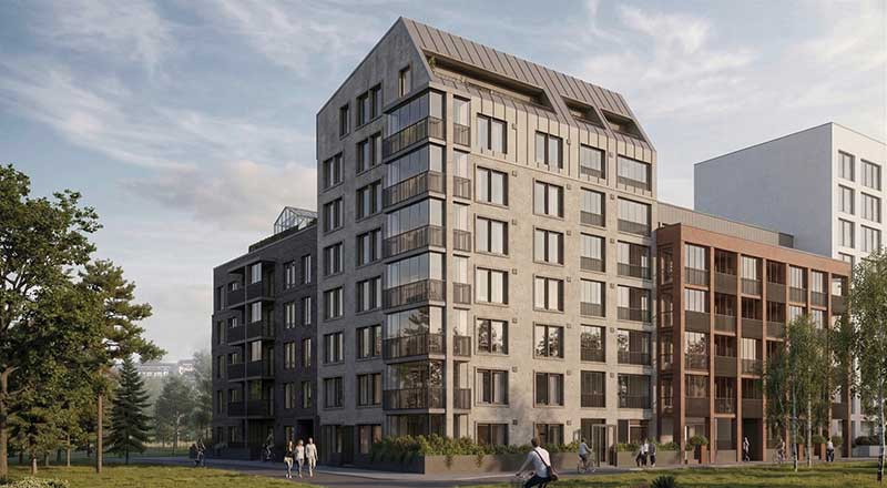 Tampereen Okra Visualisointi Tampereen Okran kerrostalokokonaisuudesta puiston suunnasta.