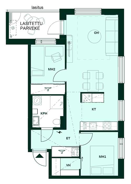 Tampereen Vienon pohjapiirros, jossa kaksi makuuhuonetta , avara olohuone ja keittiö sekä lasitettu parveke.