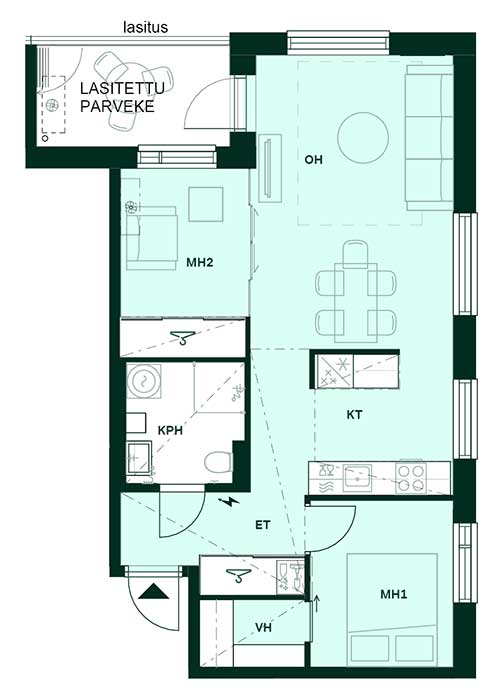 Tampereen Vienon asunnon vaihtoehtoinen pohjaratkaisu, jossa ruokailutilan kalustus ja tilajako poikkeavat perusratkaisusta.