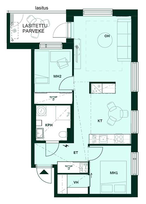 Tampereen Vienon muunneltava pohjaratkaisu, jossa huoneiden käyttötarkoitusta on muutettu ja oleskelutila avartunut.
