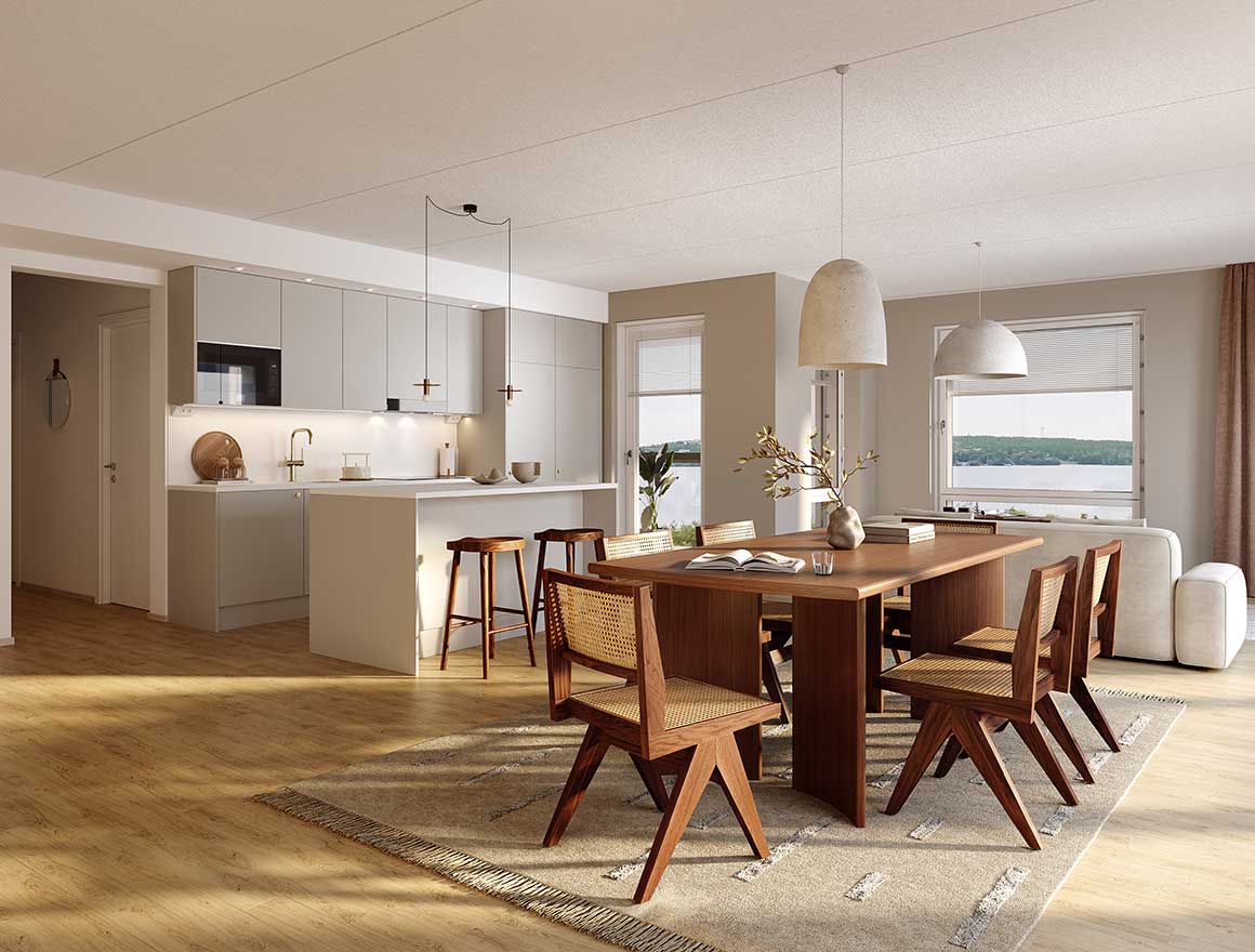 Visualisointi: Tampereen Vienon asunnon A 60 valoisa avokeittiö ja ruokailutila, vaaleat kaapistot, keittiösaareke, puinen ruokapöytä ja järvinäkymä ikkunoista.