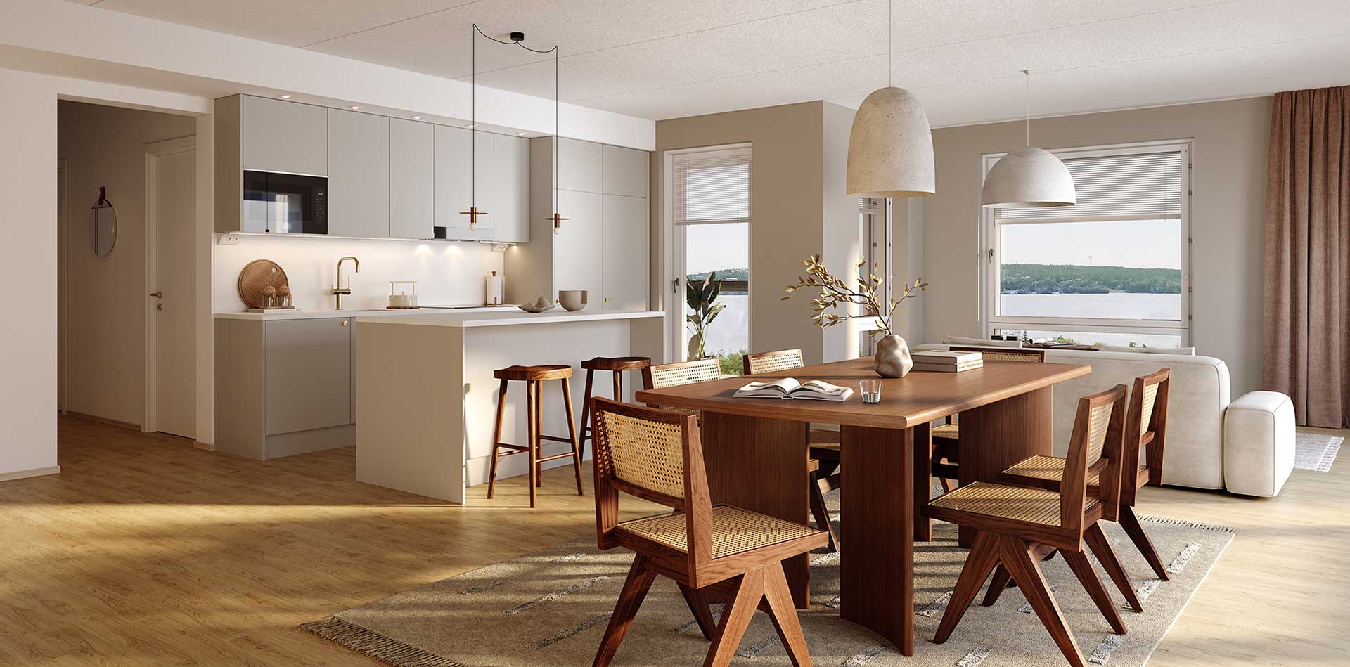 Visualisointi: Tampereen Vienon asunnon A 60 valoisa avokeittiö ja ruokailutila, vaaleat kaapistot, keittiösaareke, puinen ruokapöytä ja järvinäkymä ikkunoista.