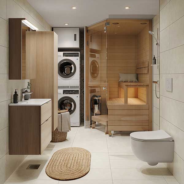 Tampereen Vienon kylpyhuone, jossa lasiseinäinen sauna, pesutorni, puupintaiset kalusteet ja seinä-wc.