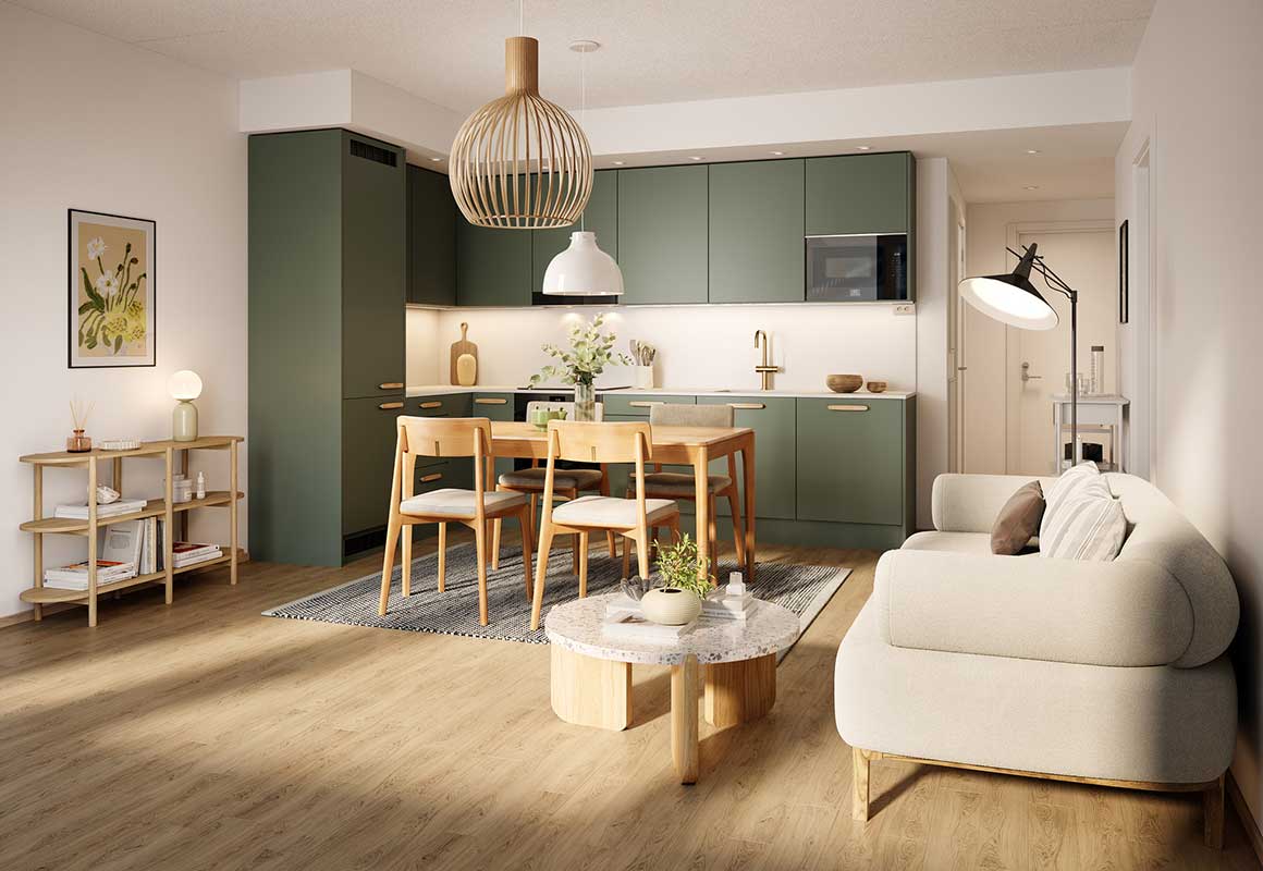 Tampereen Vienon avara olohuone ja vihreäsävyinen avokeittiö, ruokailuryhmä ja vaalea sohva puulattian päällä.
