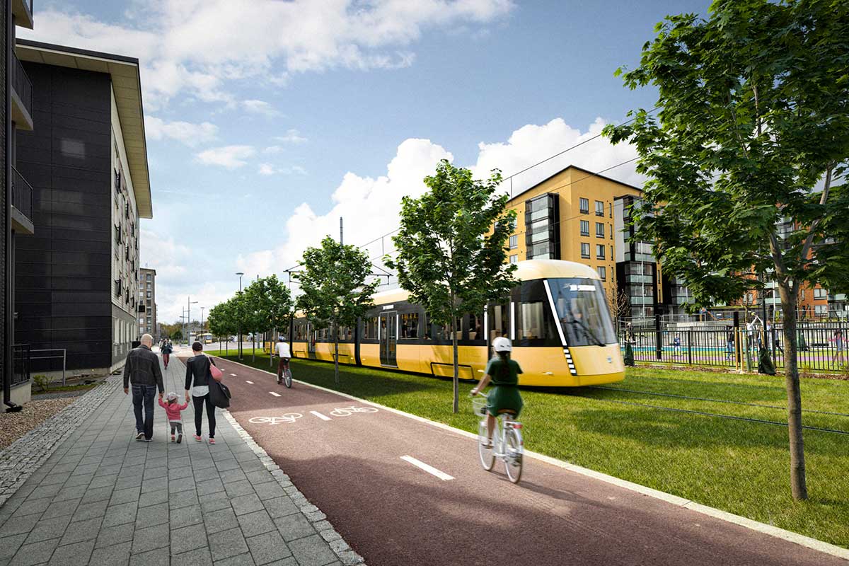 Vuonna 2033 Turun raitiotie liikennöi Linnakaupungista Kauppatorin ja Kupittaan kautta Varissuolle. Kuva: Turun Raitiotieallianssi