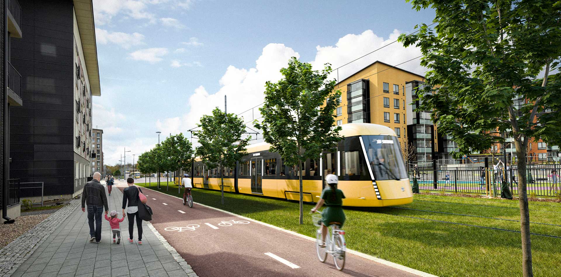 Vuonna 2033 Turun raitiotie liikennöi Linnakaupungista Kauppatorin ja Kupittaan kautta Varissuolle. Kuva: Turun Raitiotieallianssi