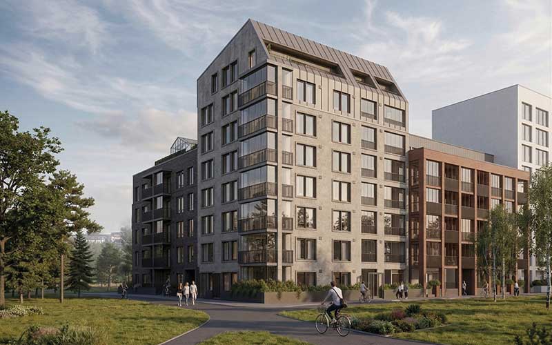 Tampereen Hiedanrannassa sijaitsevan Okran uudiskohteen julkisivuvisualisointi, jossa vaalea ja tiiliverhoiltu asuinrakennus, piha-alueita, kävelijöitä ja pyöräilijä.