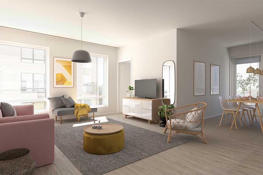 Olohuone, jossa on vaaleat seinät, sohva, nojatuoli, televisio ja näkymä ruokailutilaan.