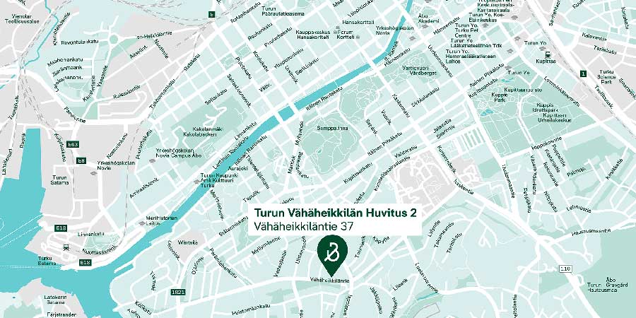 Kartta Turusta, jossa on merkitty Turun Vähäheikkilän Huvitus osoitteessa Vähäheikkiläntie 37.