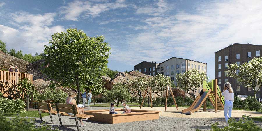 Leikkipiha, jossa on lapsia hiekkalaatikolla ja liukumäessä sekä aikuisia puiston penkeillä.