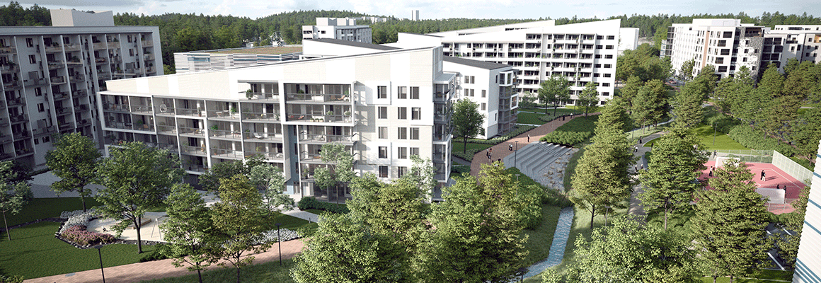 Ilmakuva Espoon Vermonniityn vehreästä kotikorttelista, jossa modernit kerrostalot ympäröivät hyvinvointipihojen kokonaisuutta. Alueella on viheralueita, kävelyreittejä ja asukkaiden yhteisiä ajanviettopaikkoja.