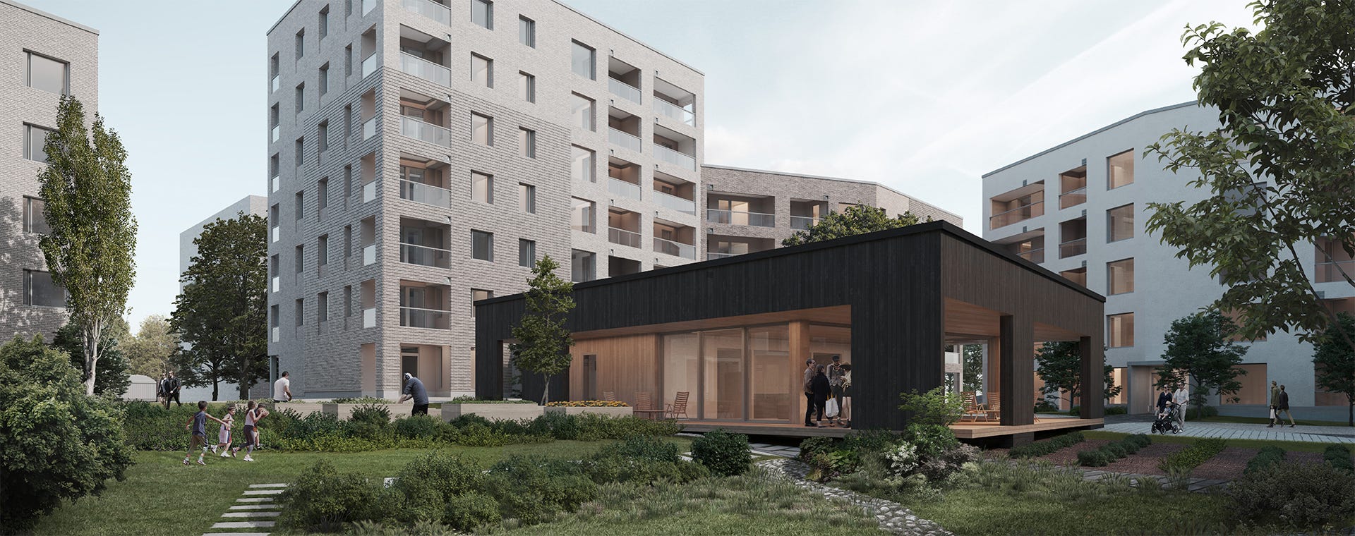 Postipuiston asuinalue, jossa vehreä piha-alue ja yhteinen piharakennus. Lapset leikkivät nurmikolla, ja aikuiset viettävät aikaa yhteistilassa. Vaaleat kerrostalot kehystävät suojaisaa ja viihtyisää korttelipihaa.