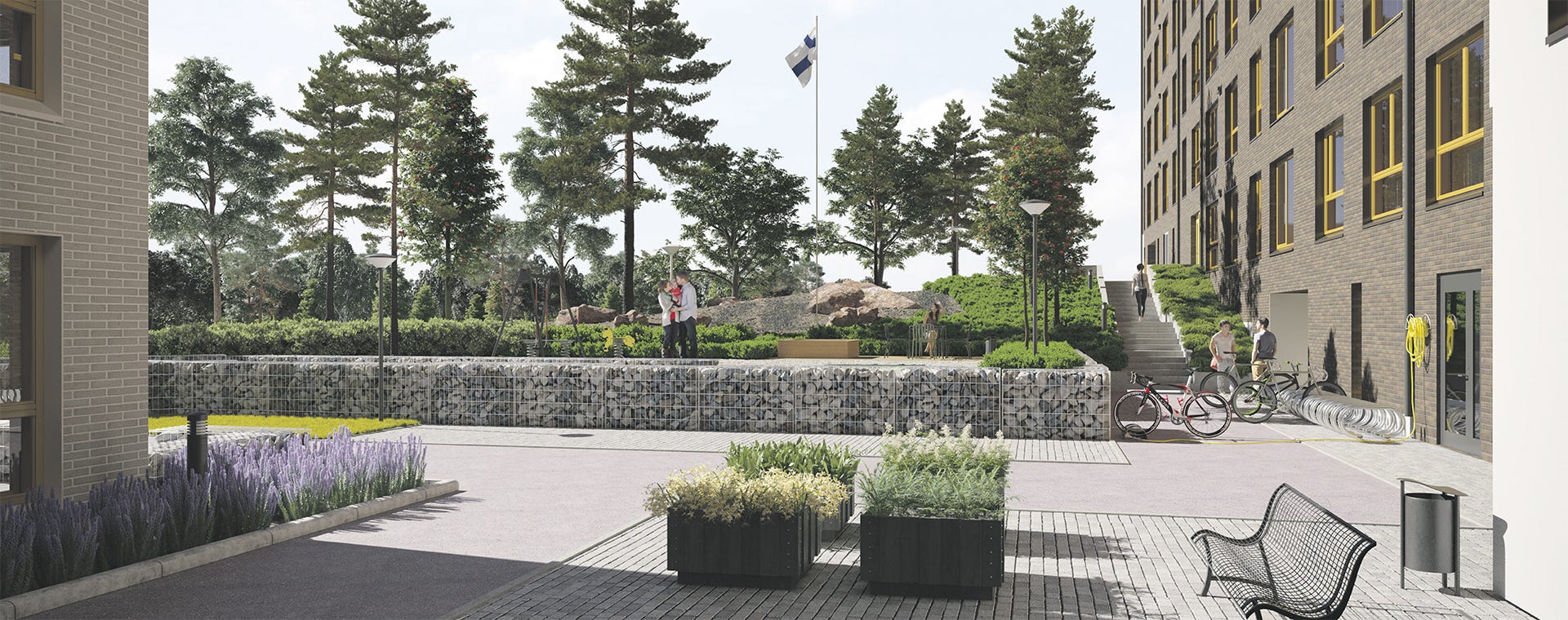 Vehreä ja viihtyisä pihapiiri modernin kerrostalon ympärillä. Etualalla istutuksia, penkkejä ja polkupyöräteline. Taustalla leikkipaikka, kallioinen alue ja Suomen lippu. Ihmiset viettävät aikaa pihalla.