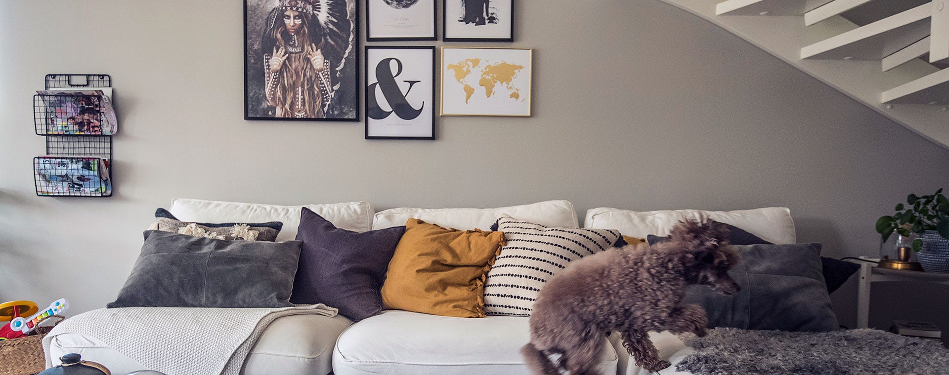 Kodikas olohuone, jossa valkoinen sohva on koristeltu erivärisillä tyynyillä ja vilteillä. Sohvan edessä pieni pörröinen koira hyppää iloisesti. Seinällä on tauluja ja portaikon alla viherkasveja, jotka tuovat tilaan eloa ja lämpöä.