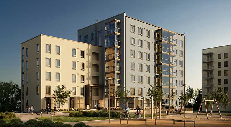 Tampereen Vieno Tampereen Vieno -uudiskohde Tampereella, vaalea seitsemänkerroksinen kerrostalo, parvekkeita, pihapiiri ja leikkialue etualalla